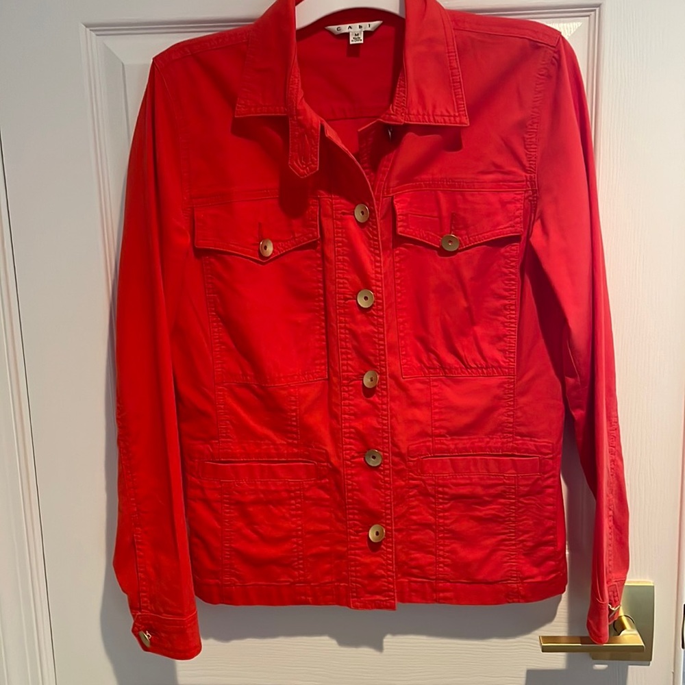 CAbi orange long sleeved ruffled back jacket size M
